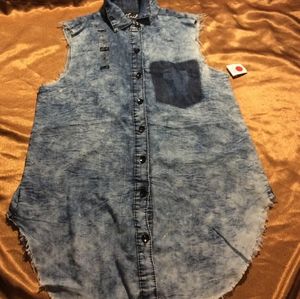 A rainbow denim destressed top.